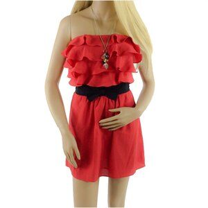 Anthropologie Strapless Ruffled Red Mini Dress w/Black Bow Waist Accent